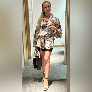 Versace-inspired White and Black Baroque Print Silk Blouse